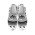 Black And White Polynesian Pattern Print White Slip On Shoes