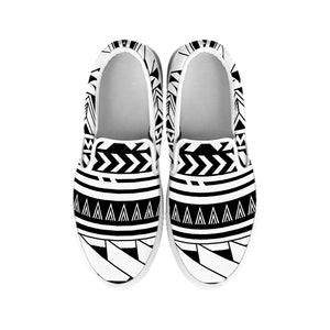 Black And White Polynesian Pattern Print White Slip On Shoes