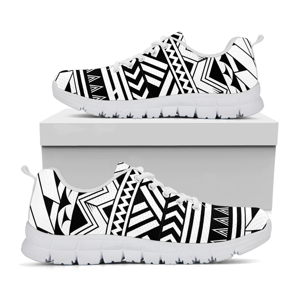 Black And White Polynesian Pattern Print White Sneakers