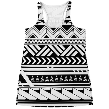Black And White Polynesian Pattern Print Women's Racerback Tank Top