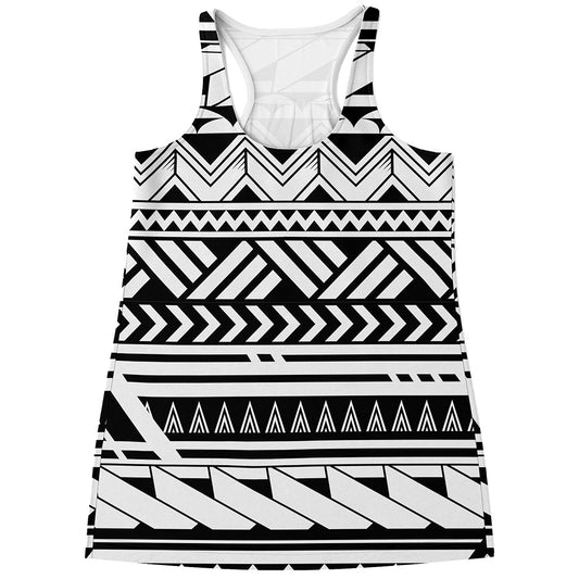 Black And White Polynesian Pattern Print Women's Racerback Tank Top