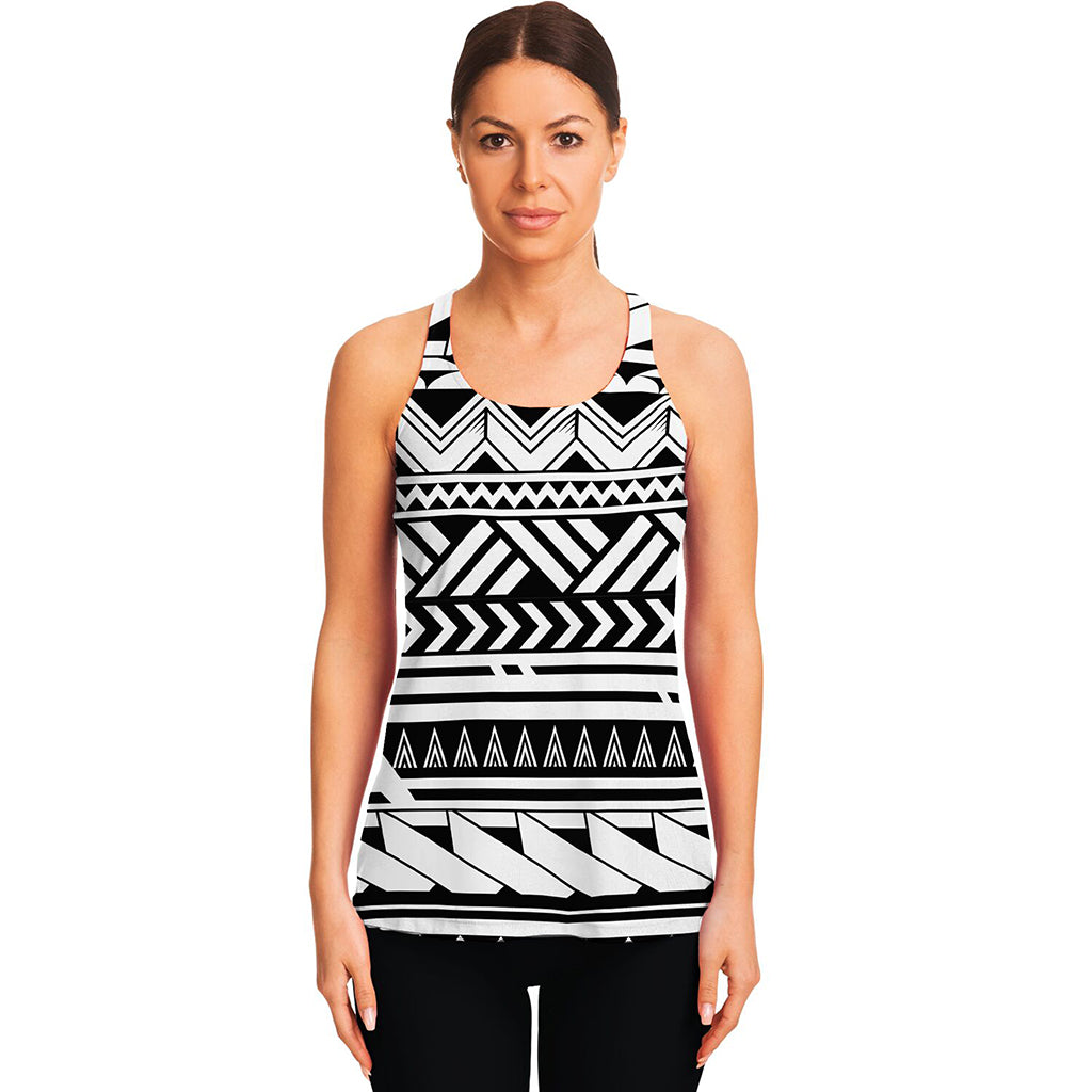 Black And White Polynesian Pattern Print Women's Racerback Tank Top
