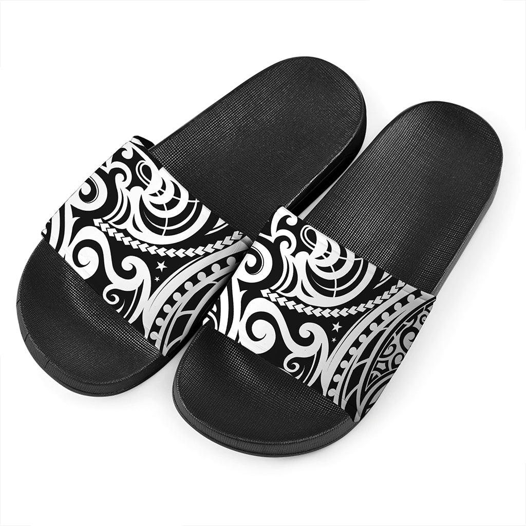 Black And White Polynesian Tattoo Print Black Slide Sandals