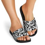 Black And White Polynesian Tattoo Print Black Slide Sandals