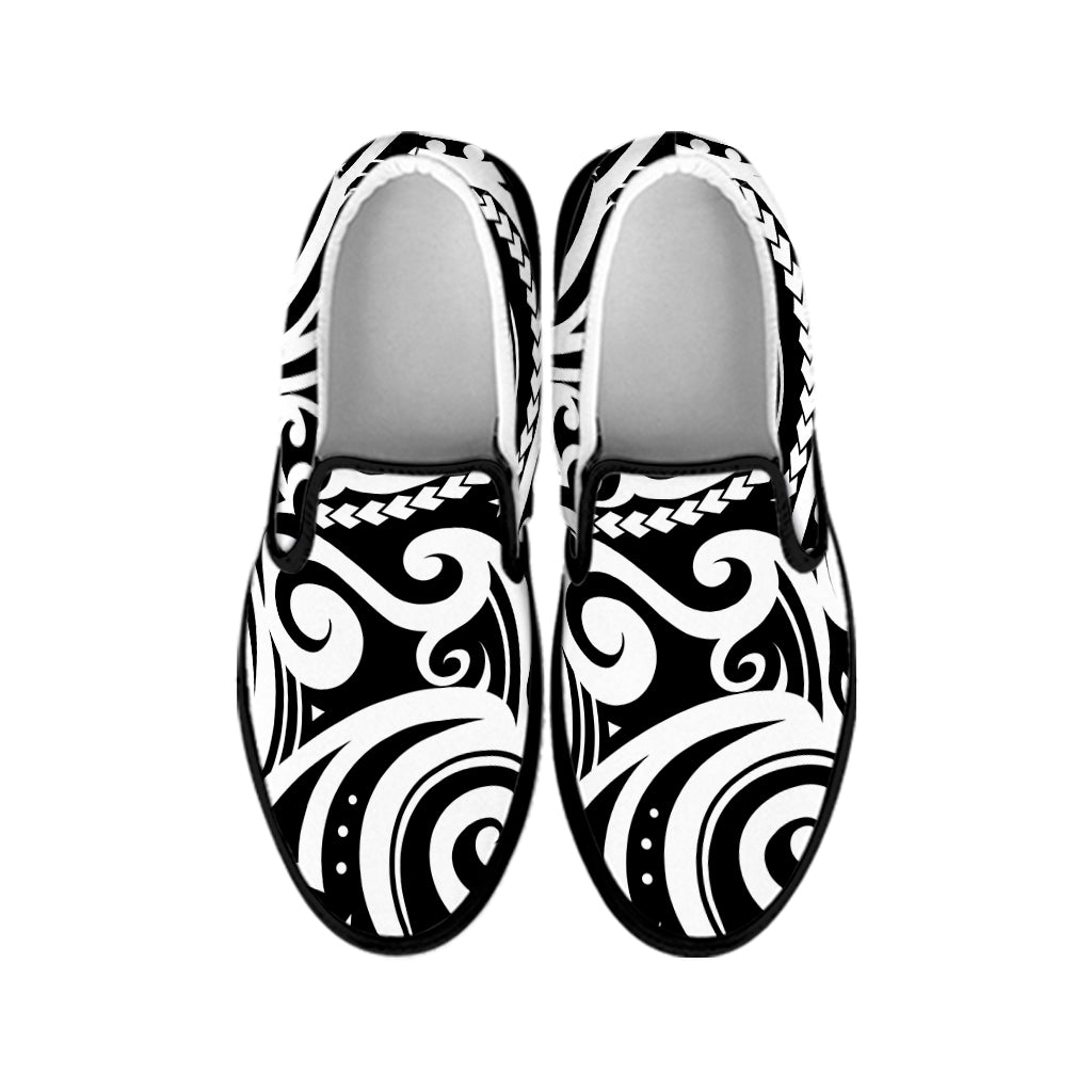 Black And White Polynesian Tattoo Print Black Slip On Shoes