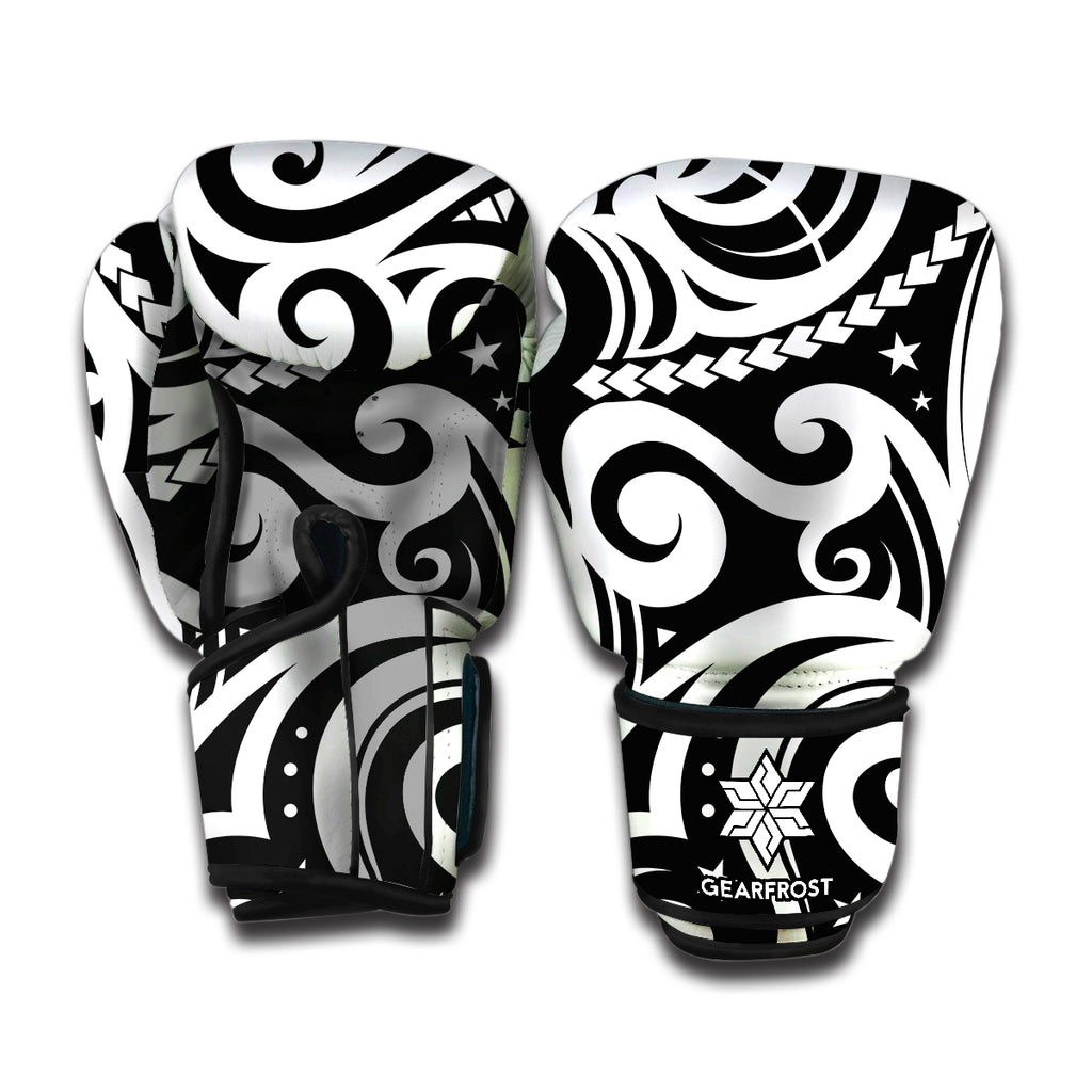 Black And White Polynesian Tattoo Print Boxing Gloves