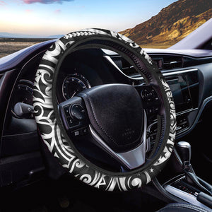 Black And White Polynesian Tattoo Print Car Steering Wheel Cover
