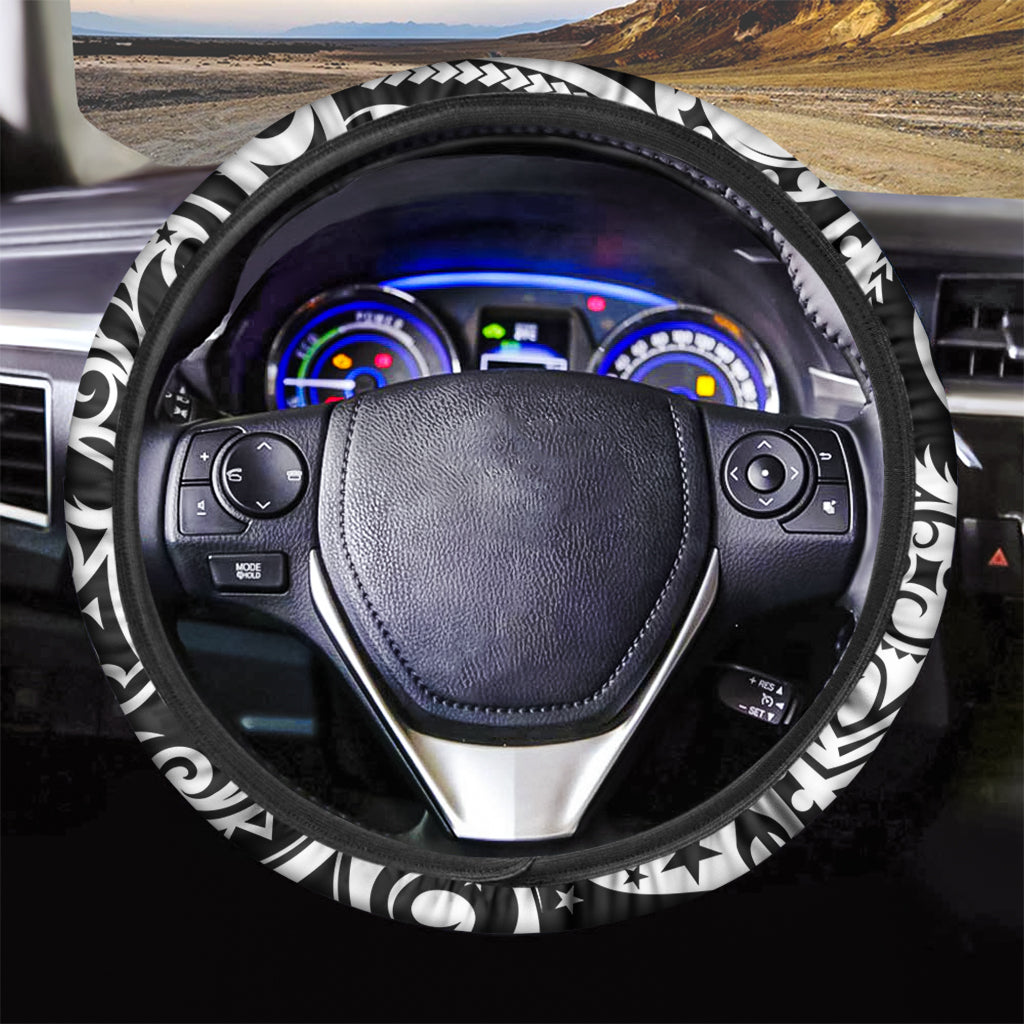 Black And White Polynesian Tattoo Print Car Steering Wheel Cover