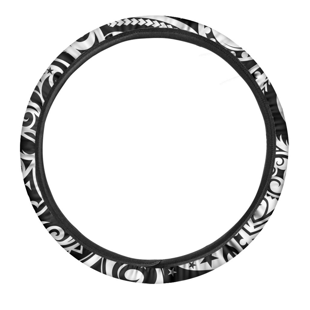 Black And White Polynesian Tattoo Print Car Steering Wheel Cover