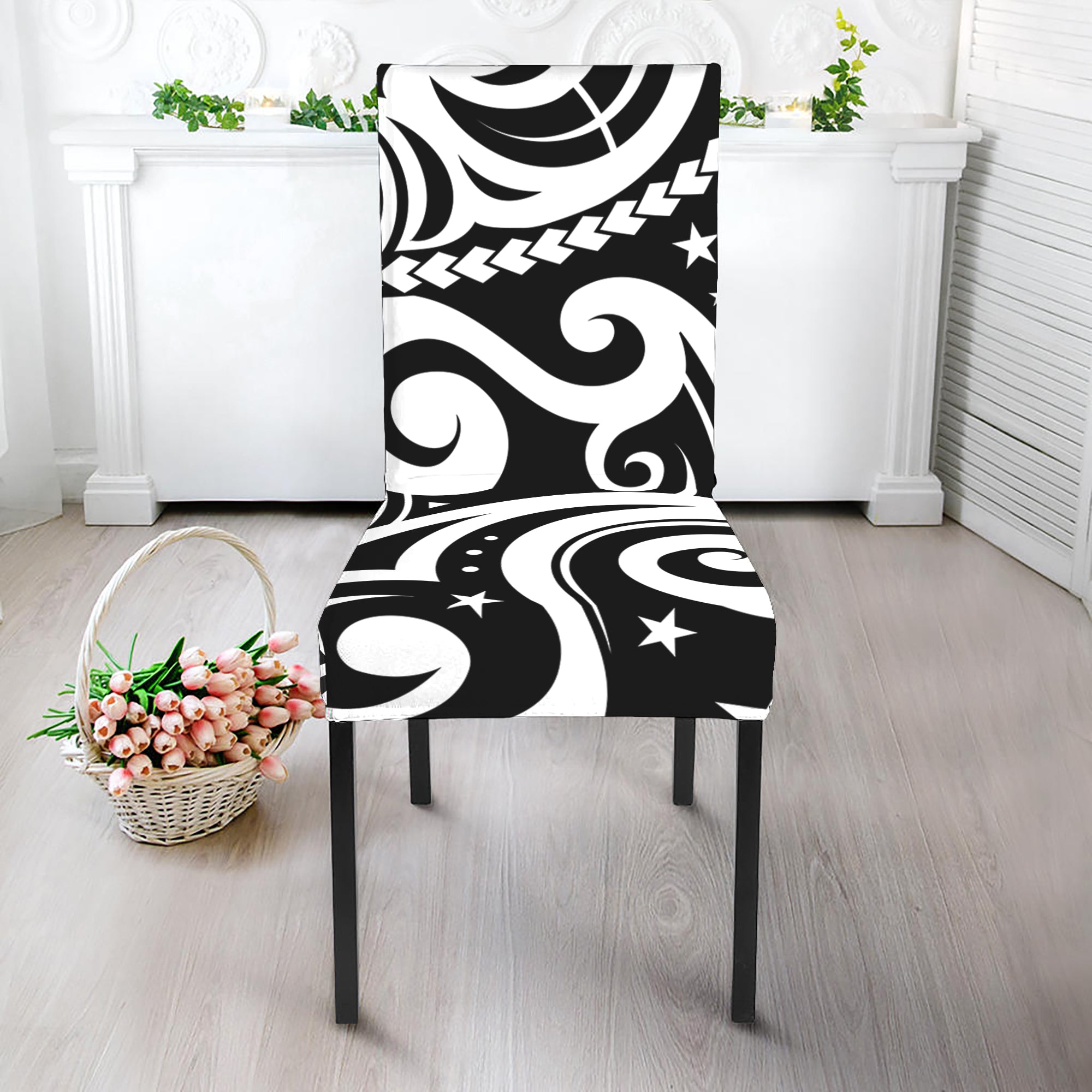 Black And White Polynesian Tattoo Print Dining Chair Slipcover