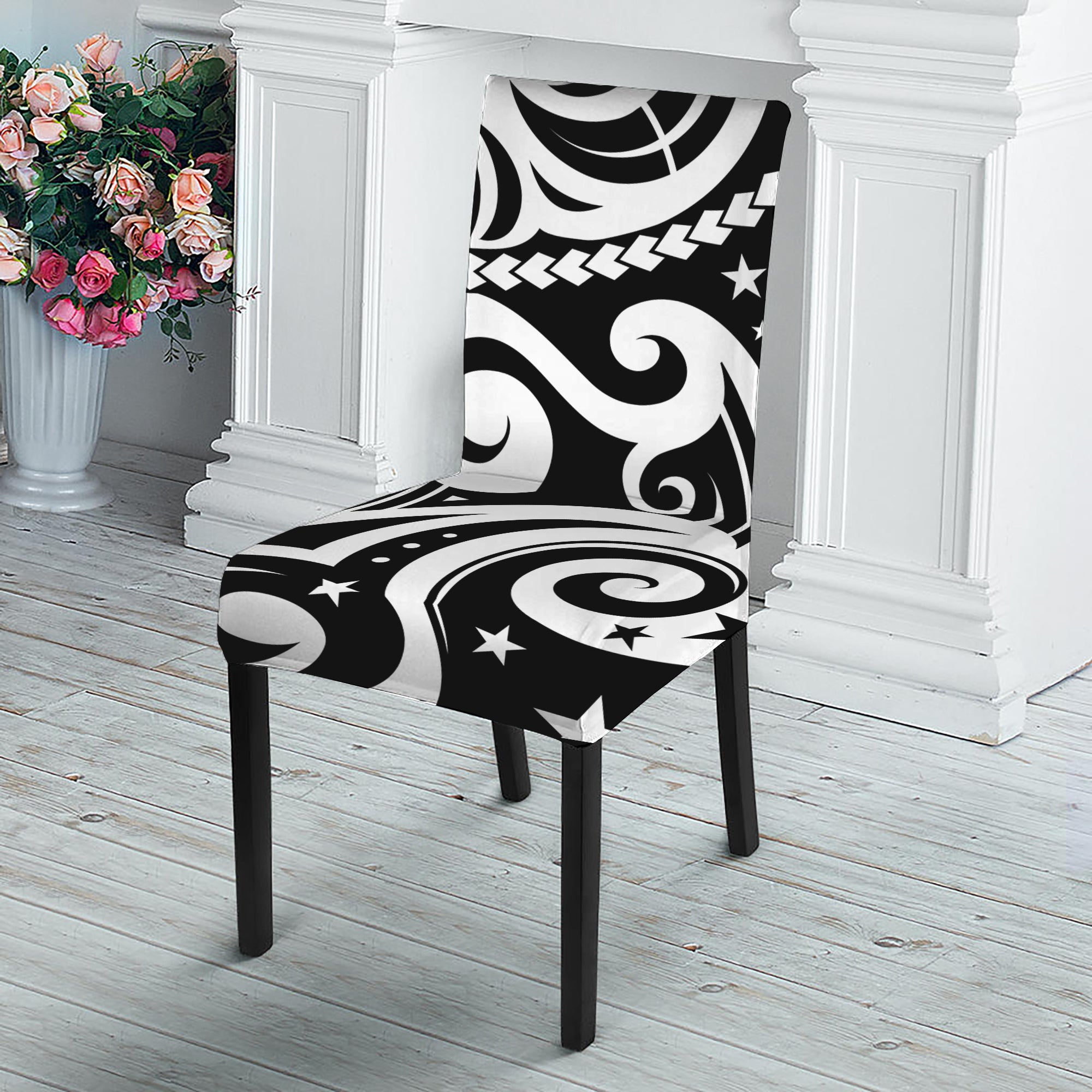 Black And White Polynesian Tattoo Print Dining Chair Slipcover