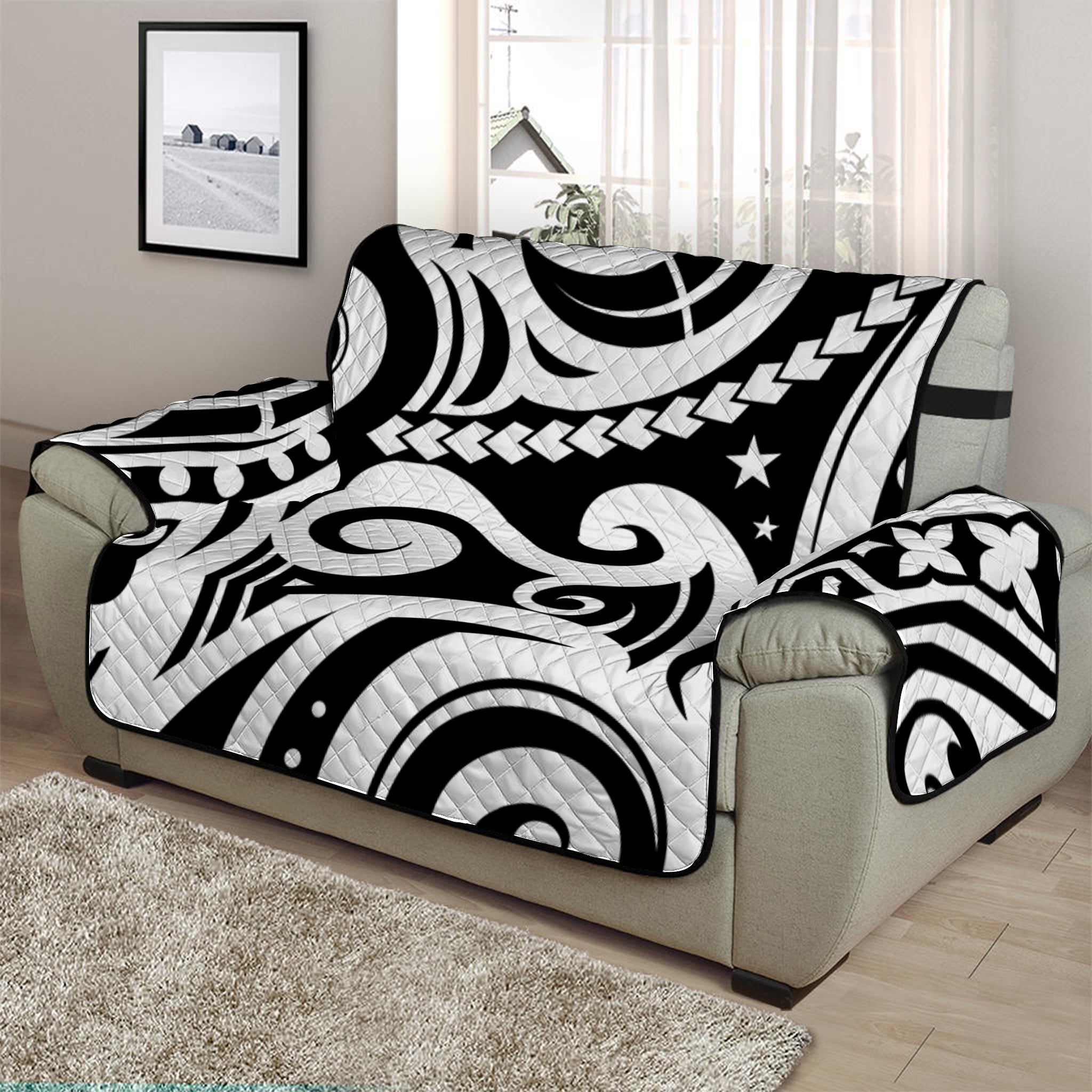 Black And White Polynesian Tattoo Print Half Sofa Protector