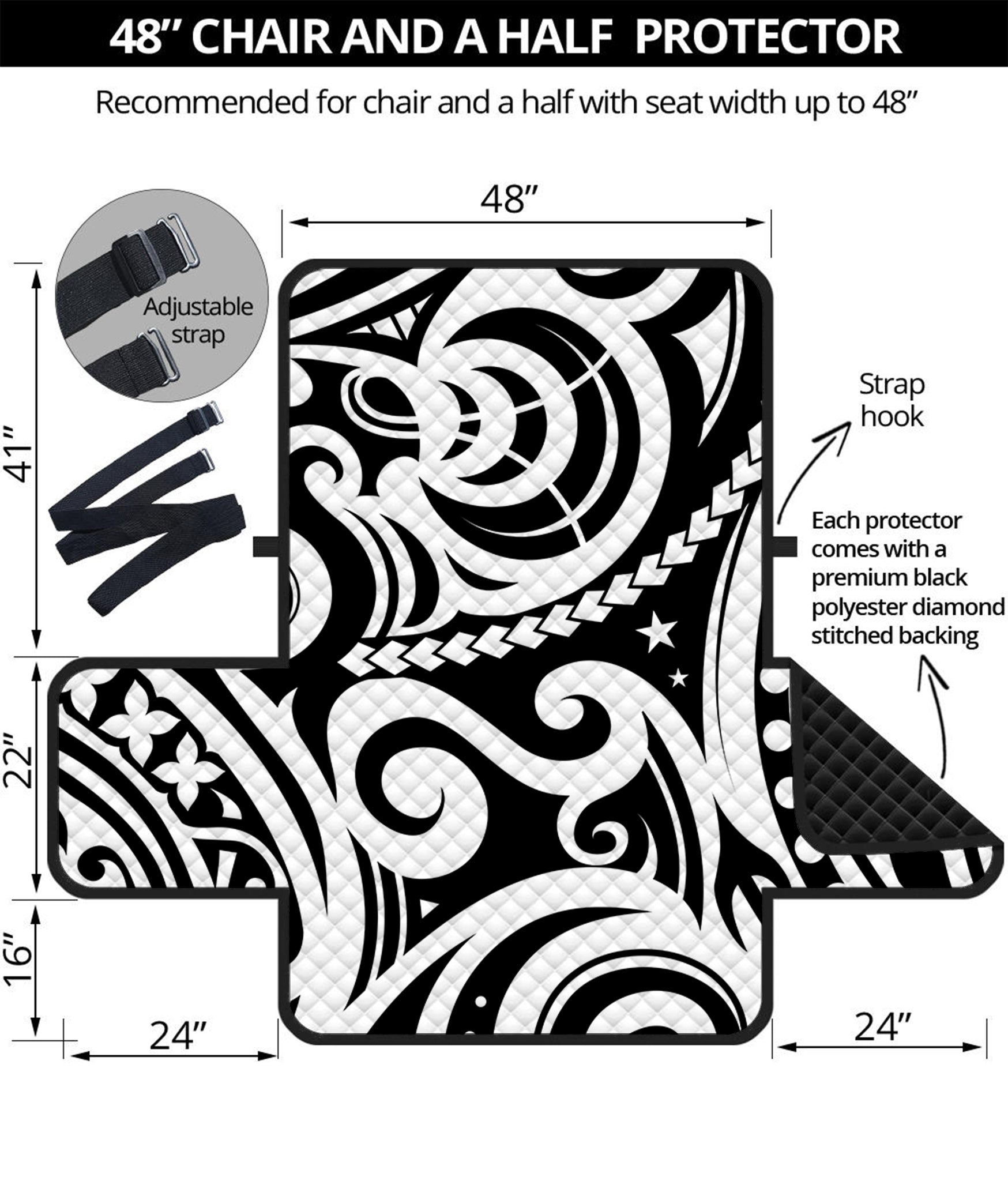 Black And White Polynesian Tattoo Print Half Sofa Protector