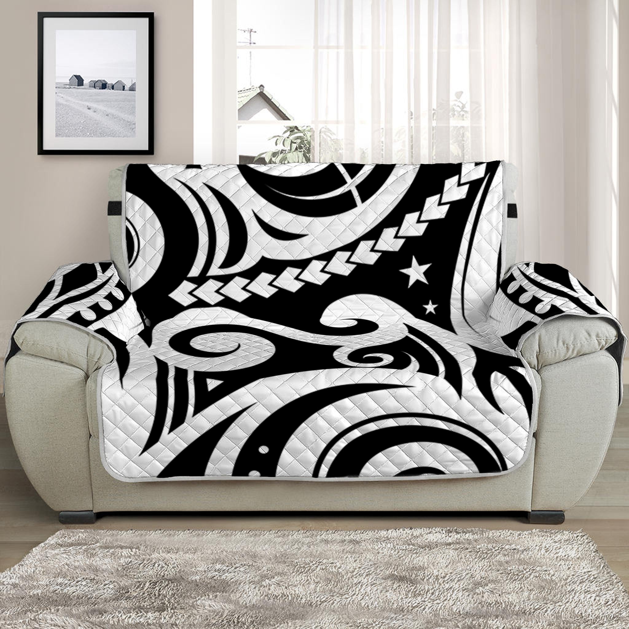 Black And White Polynesian Tattoo Print Half Sofa Protector