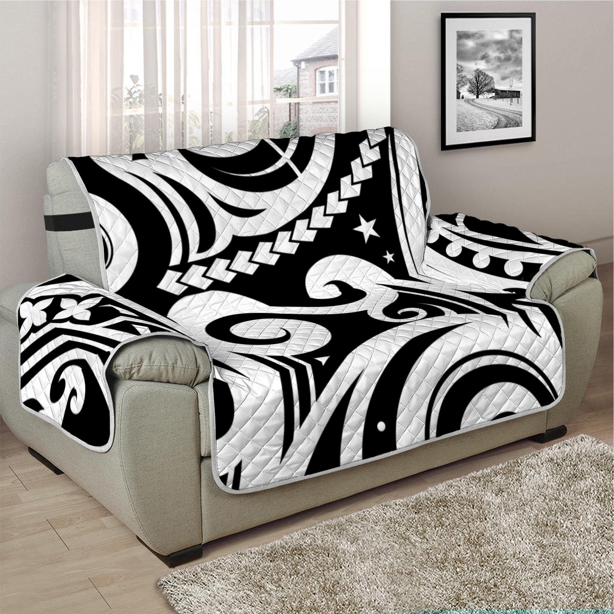 Black And White Polynesian Tattoo Print Half Sofa Protector