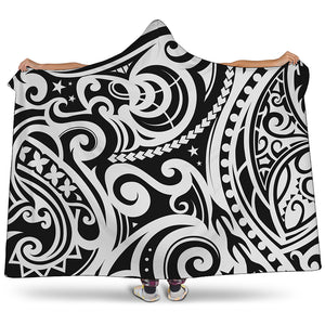 Black And White Polynesian Tattoo Print Hooded Blanket