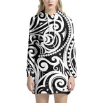 Black And White Polynesian Tattoo Print Hoodie Dress