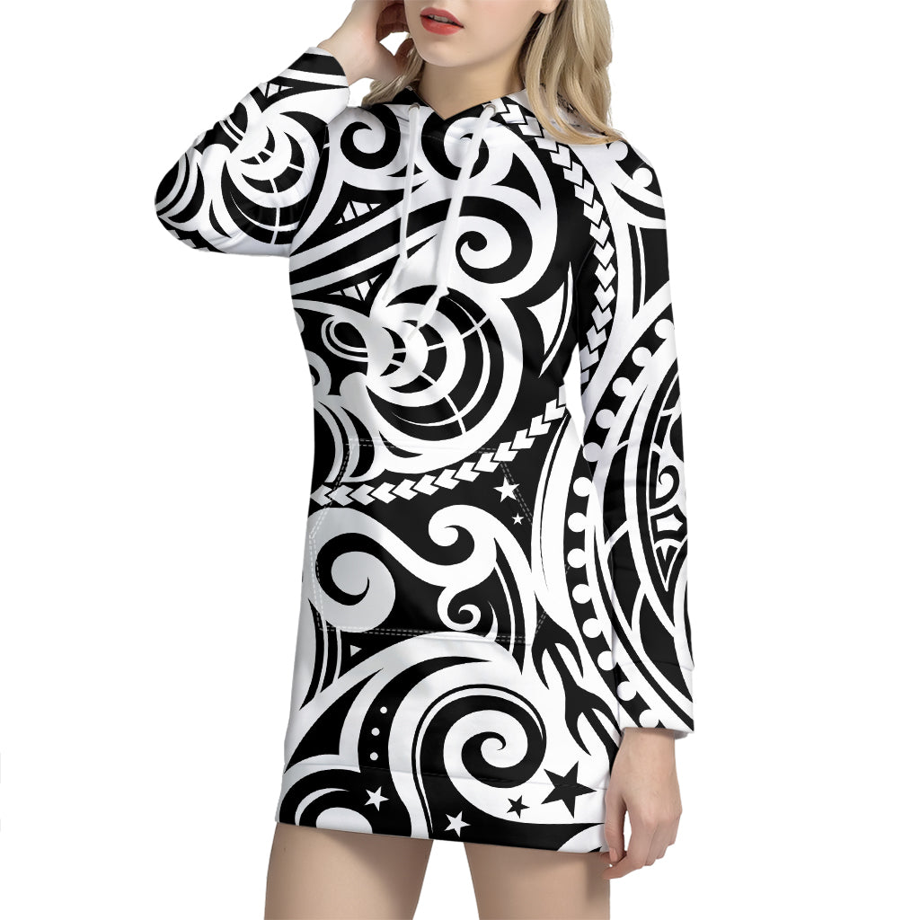 Black And White Polynesian Tattoo Print Hoodie Dress