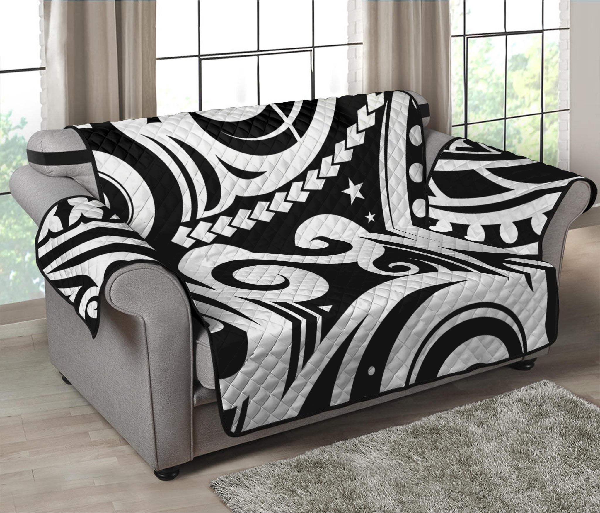 Black And White Polynesian Tattoo Print Loveseat Protector