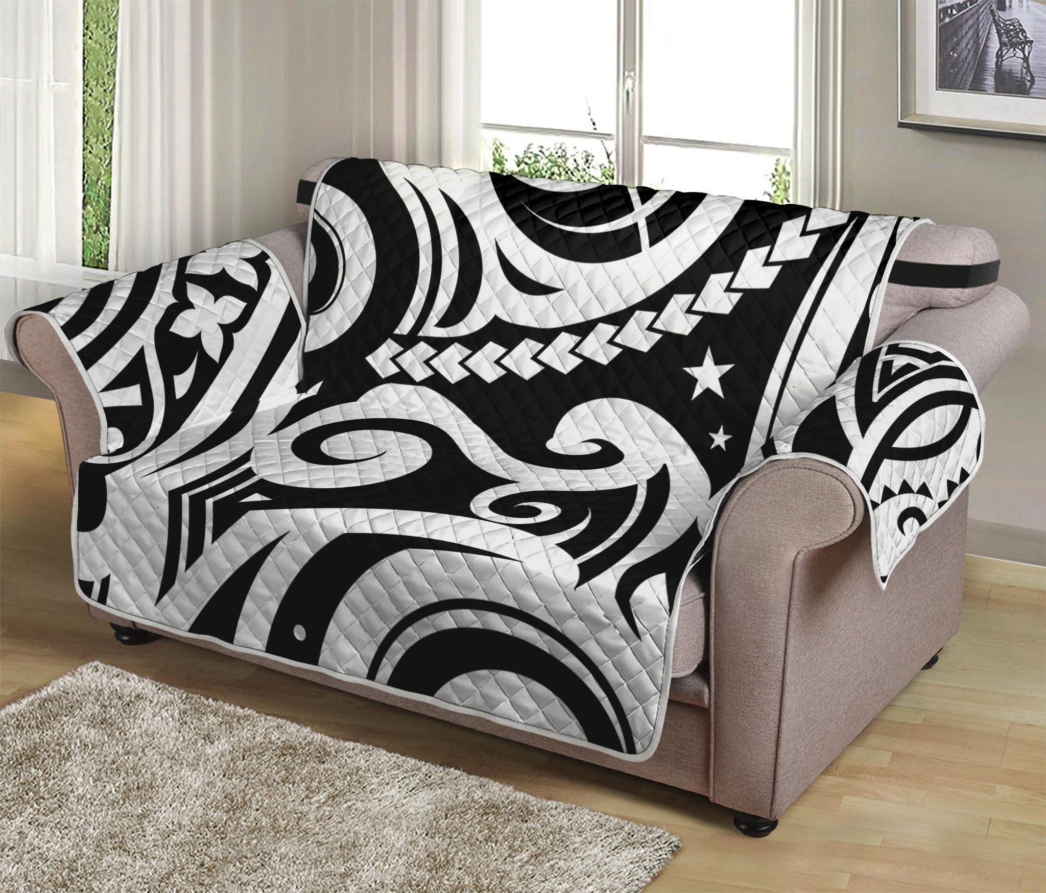 Black And White Polynesian Tattoo Print Loveseat Protector