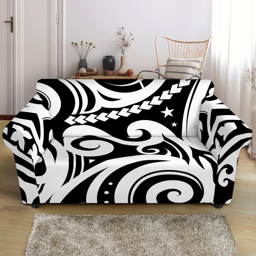 Black And White Polynesian Tattoo Print Loveseat Slipcover