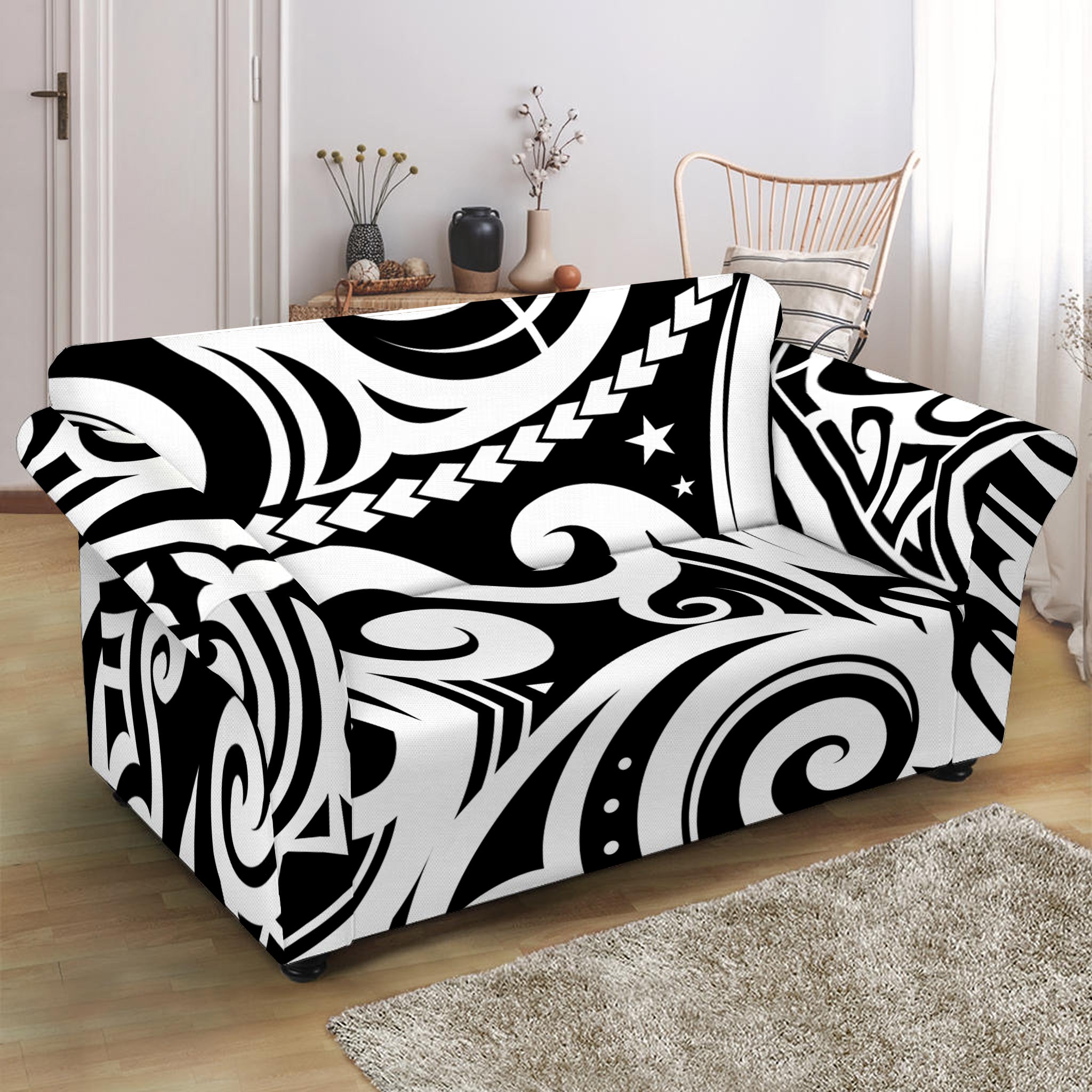 Black And White Polynesian Tattoo Print Loveseat Slipcover