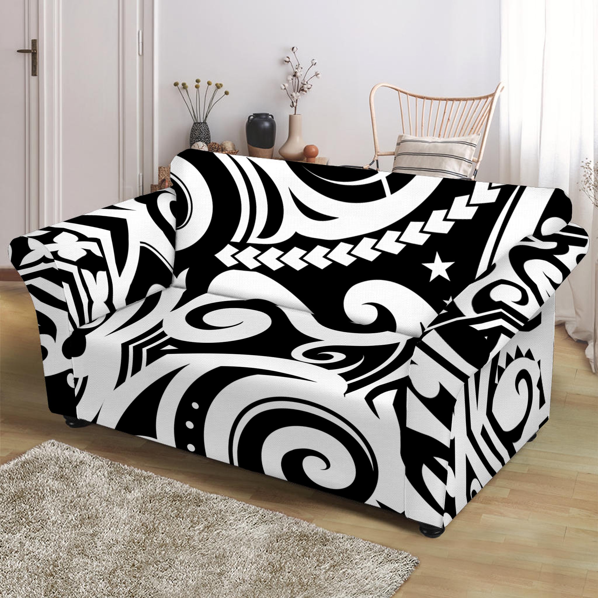 Black And White Polynesian Tattoo Print Loveseat Slipcover