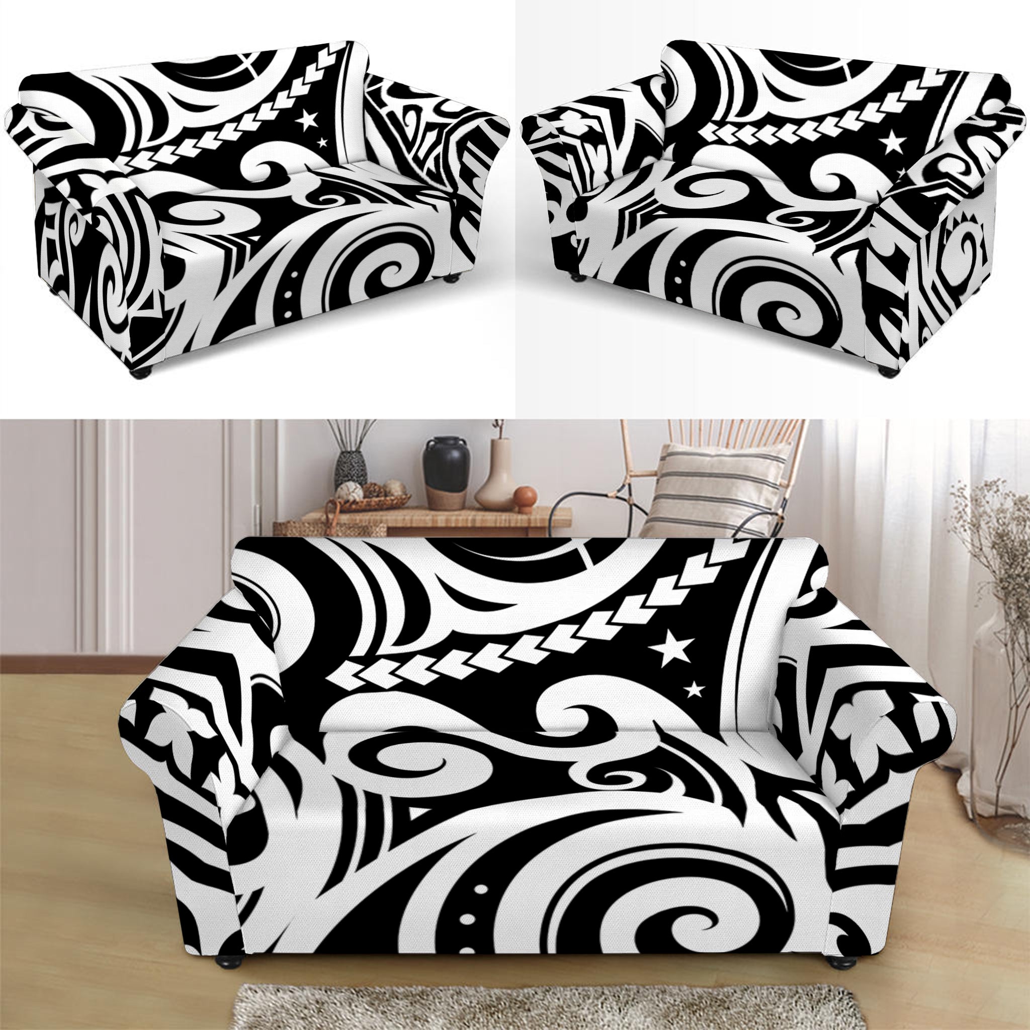 Black And White Polynesian Tattoo Print Loveseat Slipcover