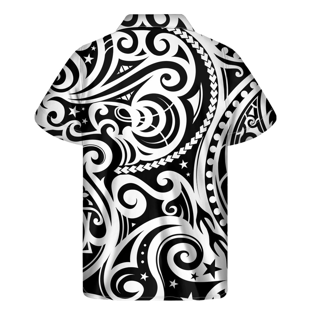 Black And White Polynesian Tattoo Print Men's Short Sleeve Shirt