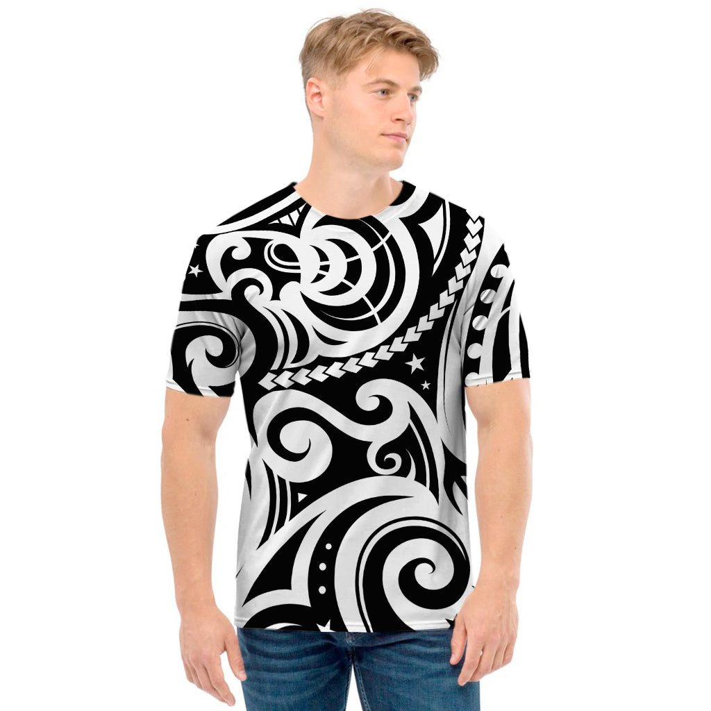 Black And White Polynesian Tattoo Print Men's T-Shirt