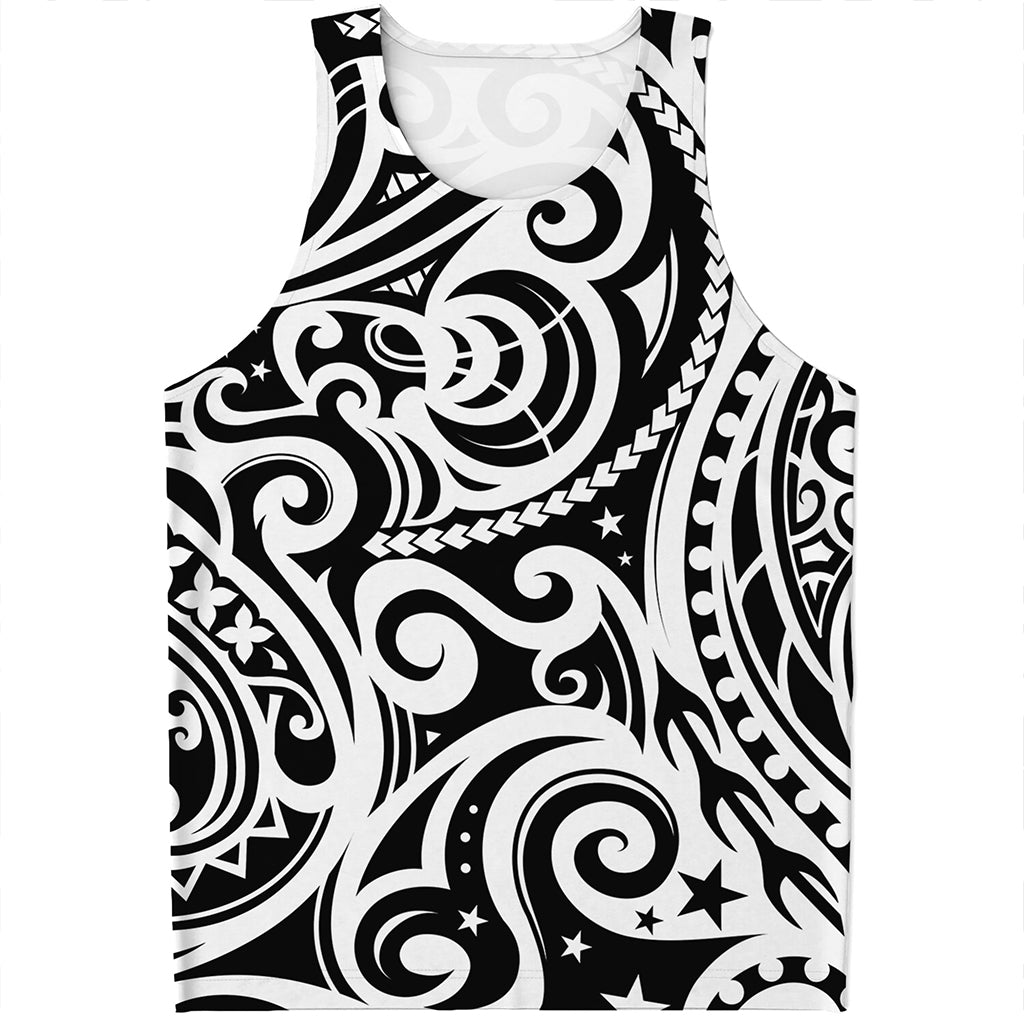 Black And White Polynesian Tattoo Print Men's Tank Top