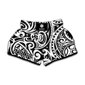 Black And White Polynesian Tattoo Print Muay Thai Boxing Shorts