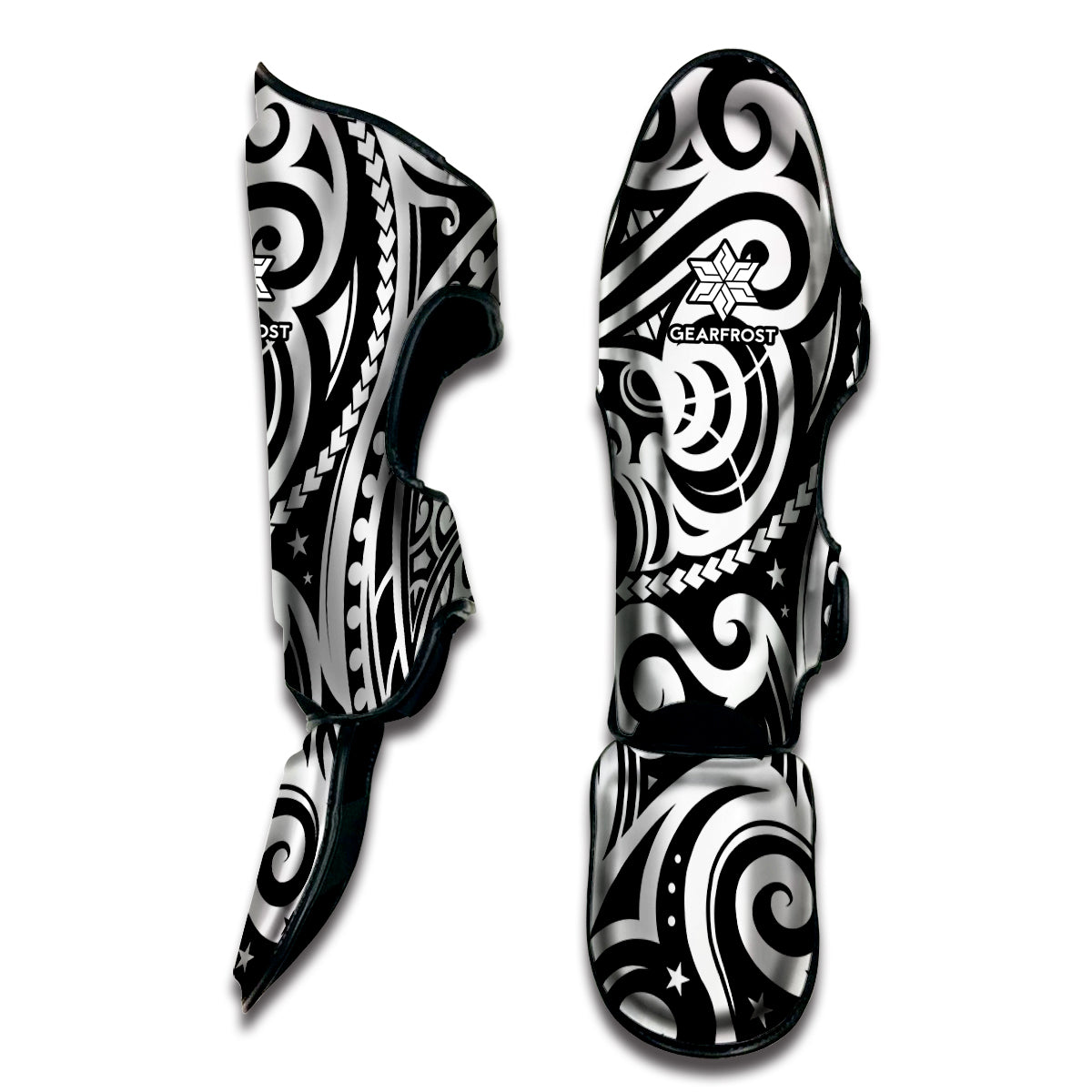 Black And White Polynesian Tattoo Print Muay Thai Shin Guards