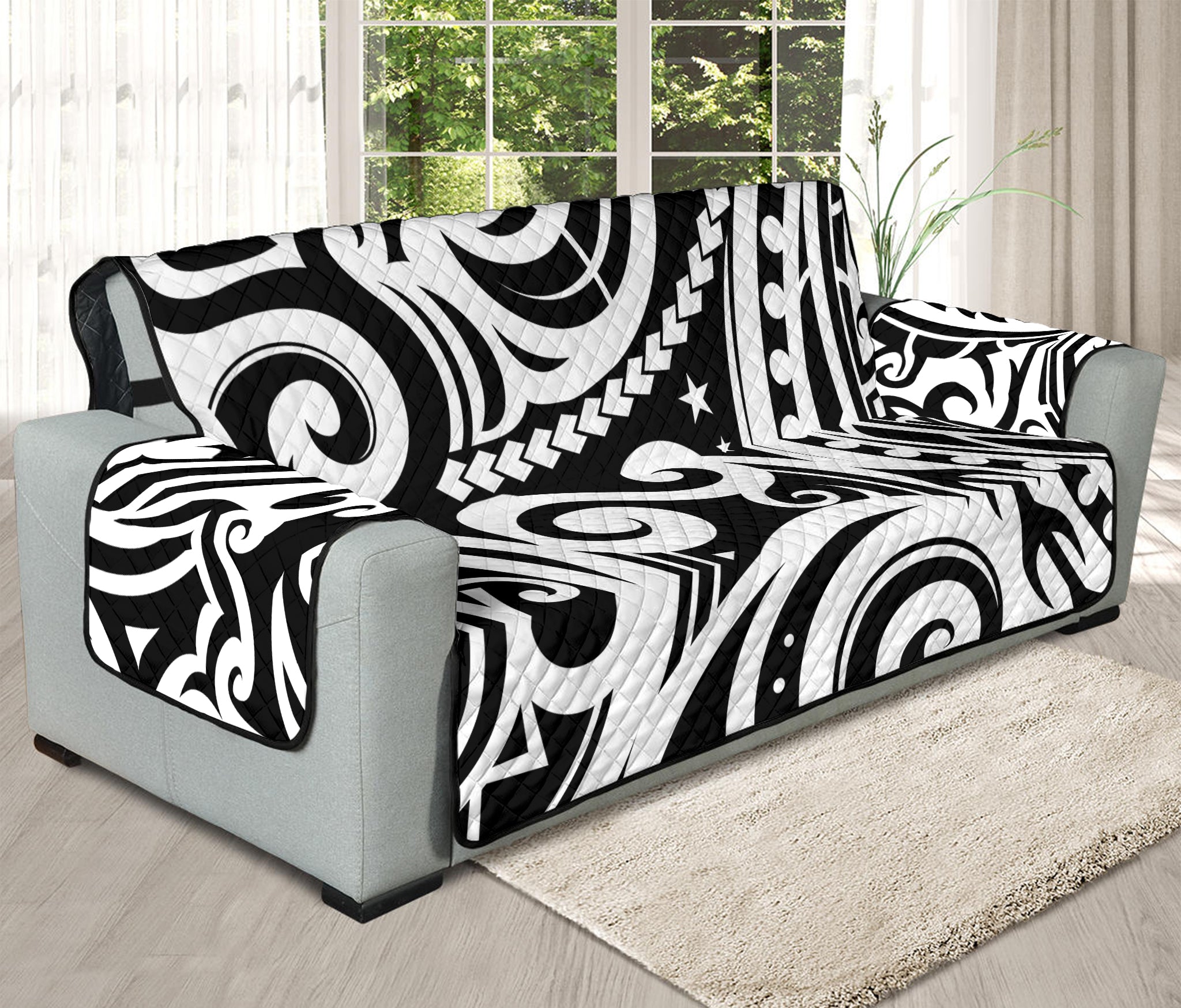 Black And White Polynesian Tattoo Print Oversized Sofa Protector