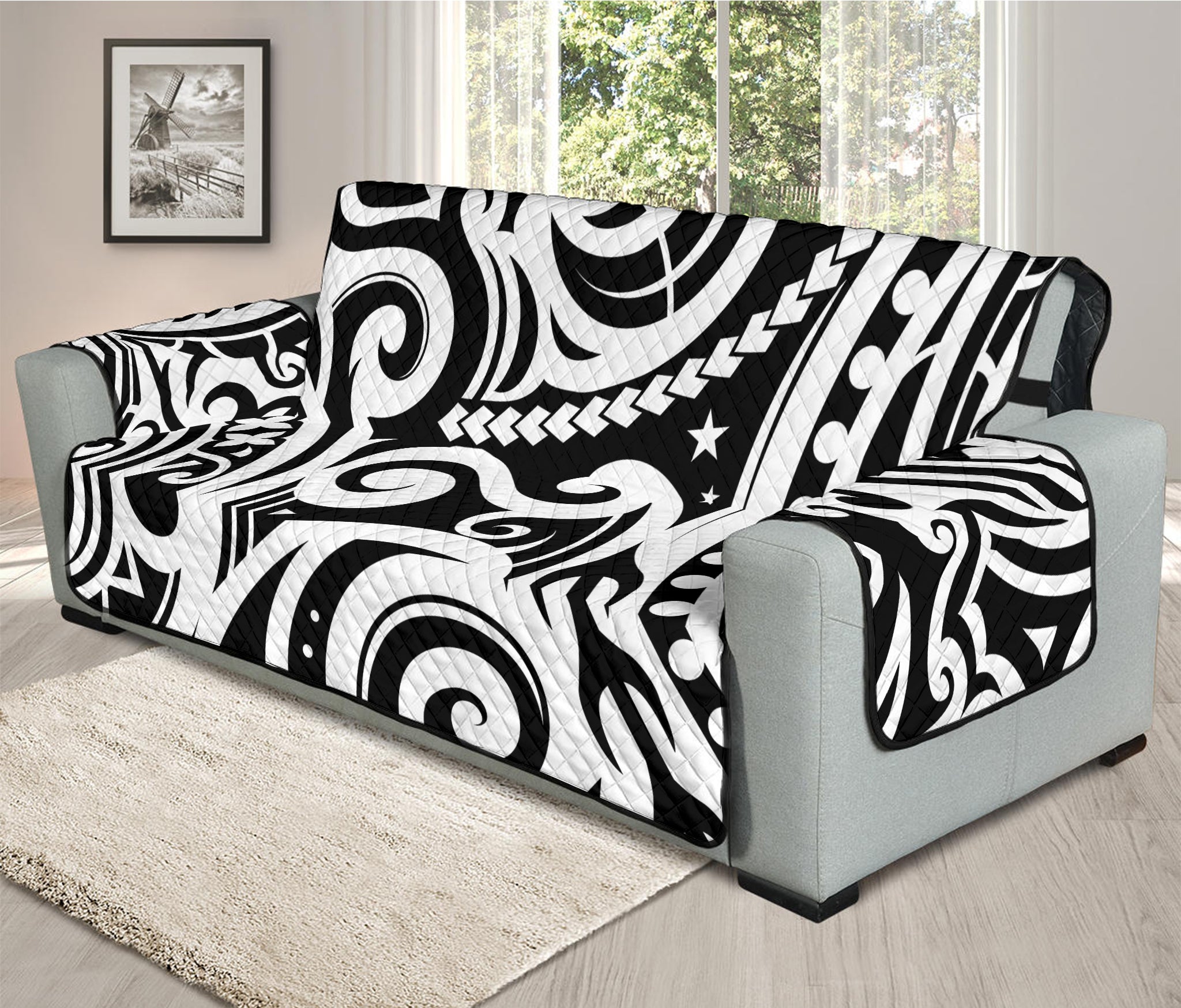 Black And White Polynesian Tattoo Print Oversized Sofa Protector