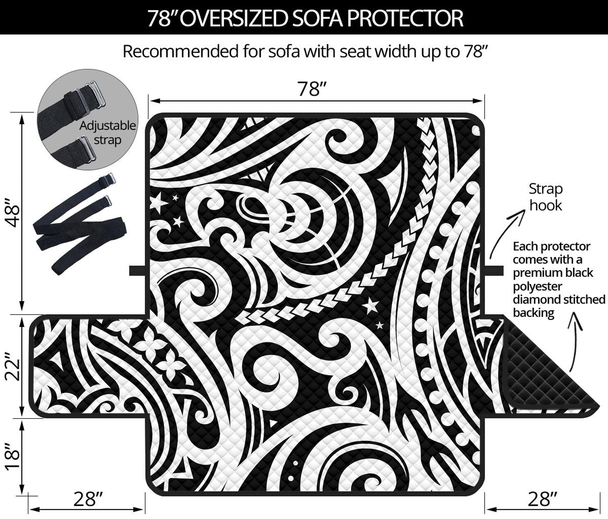 Black And White Polynesian Tattoo Print Oversized Sofa Protector