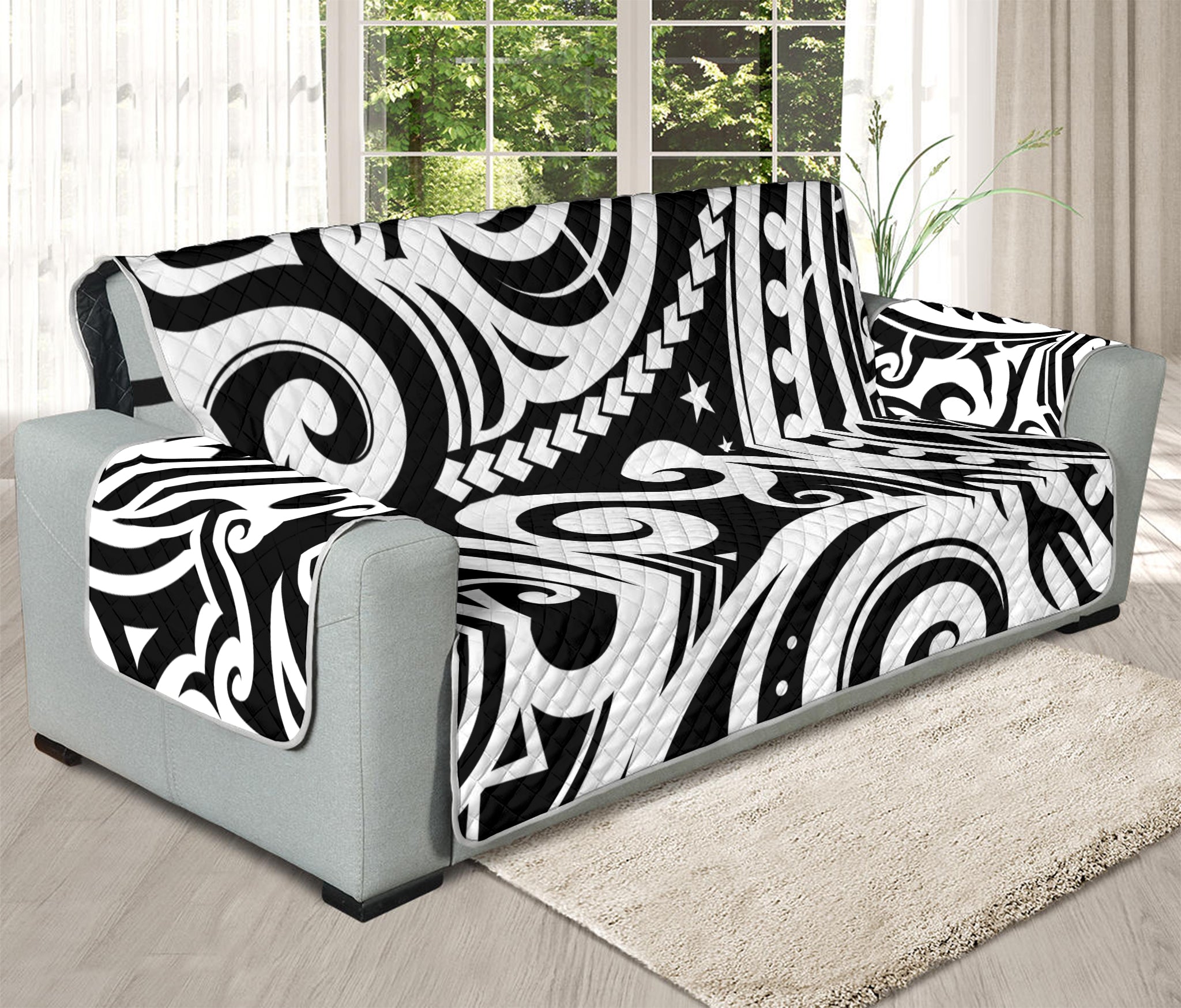 Black And White Polynesian Tattoo Print Oversized Sofa Protector