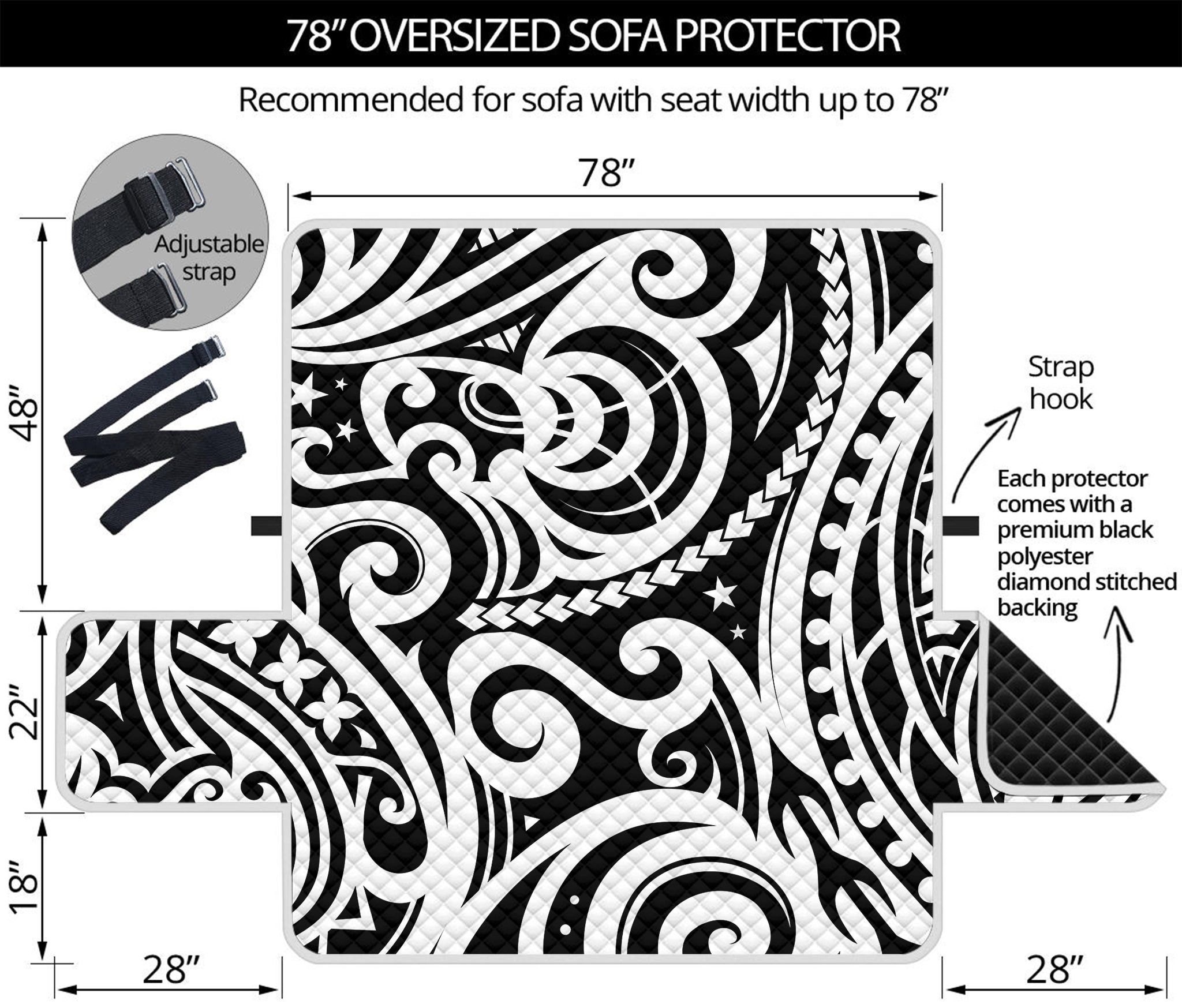 Black And White Polynesian Tattoo Print Oversized Sofa Protector