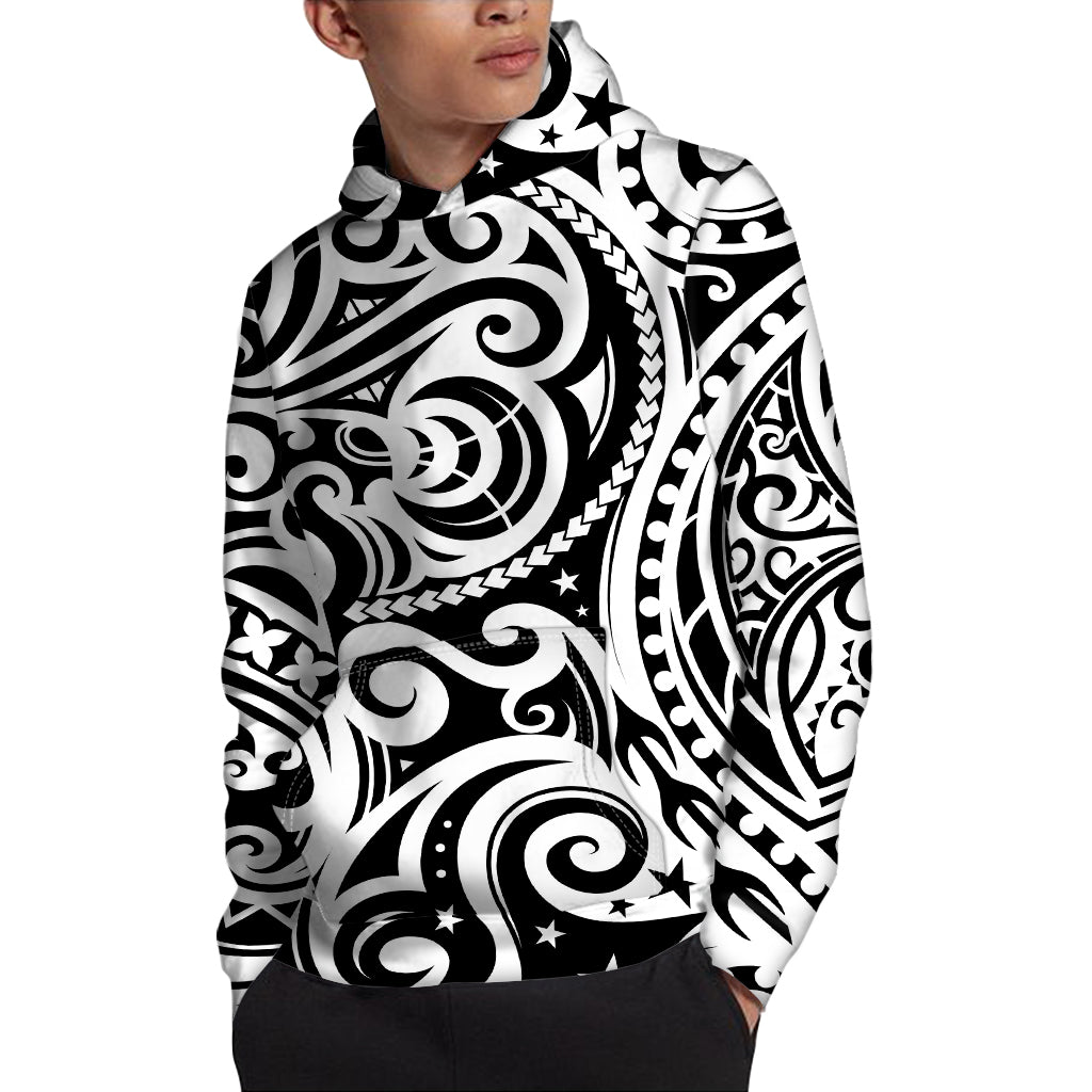 Black And White Polynesian Tattoo Print Pullover Hoodie