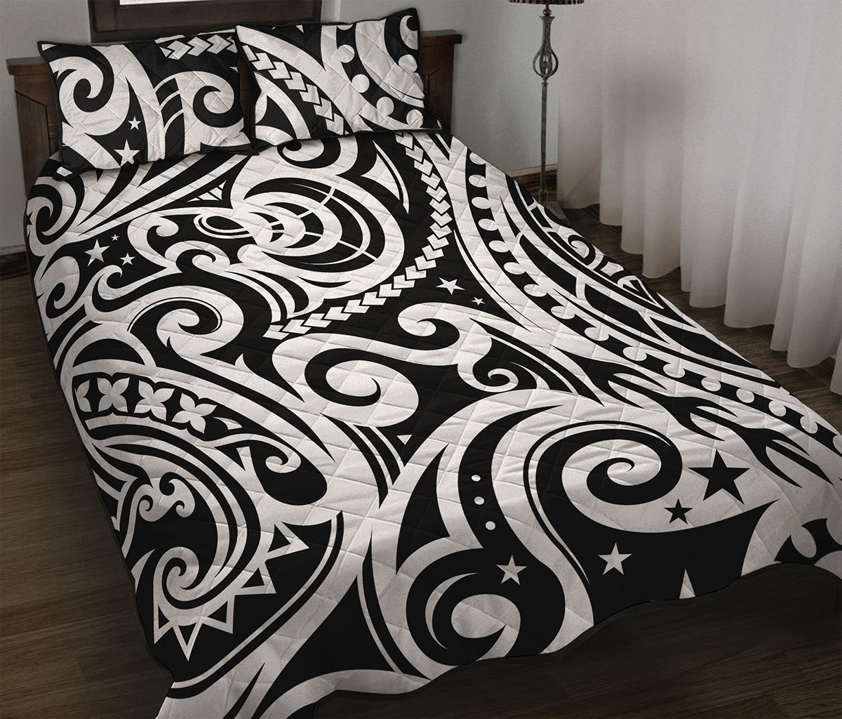 Black And White Polynesian Tattoo Print Quilt Bed Set