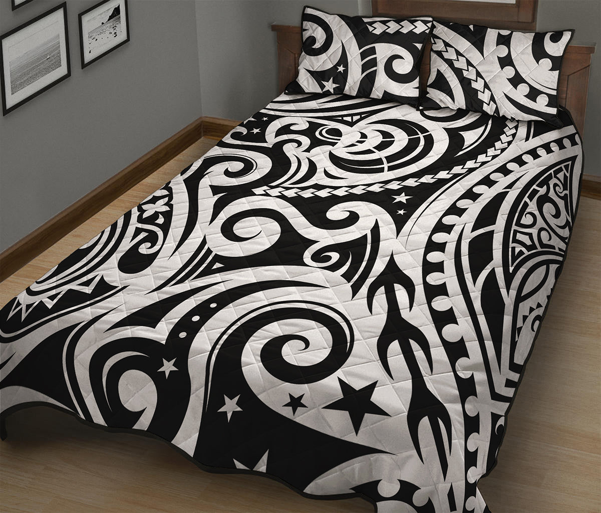 Black And White Polynesian Tattoo Print Quilt Bed Set