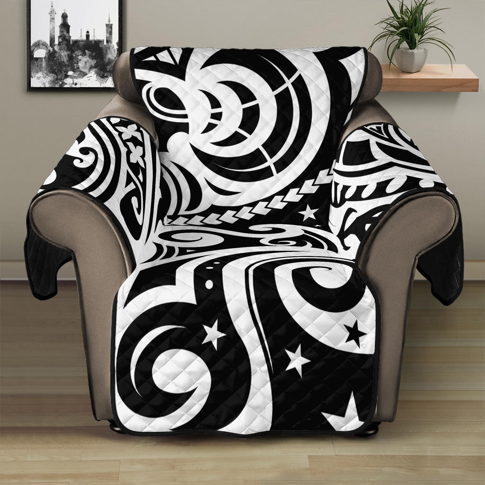 Black And White Polynesian Tattoo Print Recliner Protector