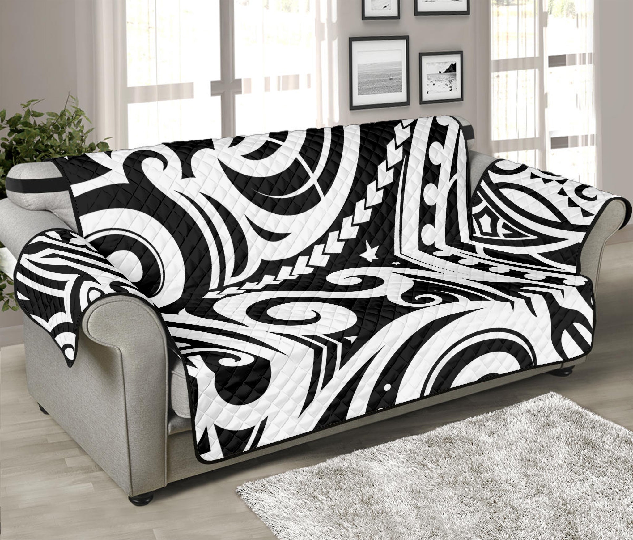 Black And White Polynesian Tattoo Print Sofa Protector