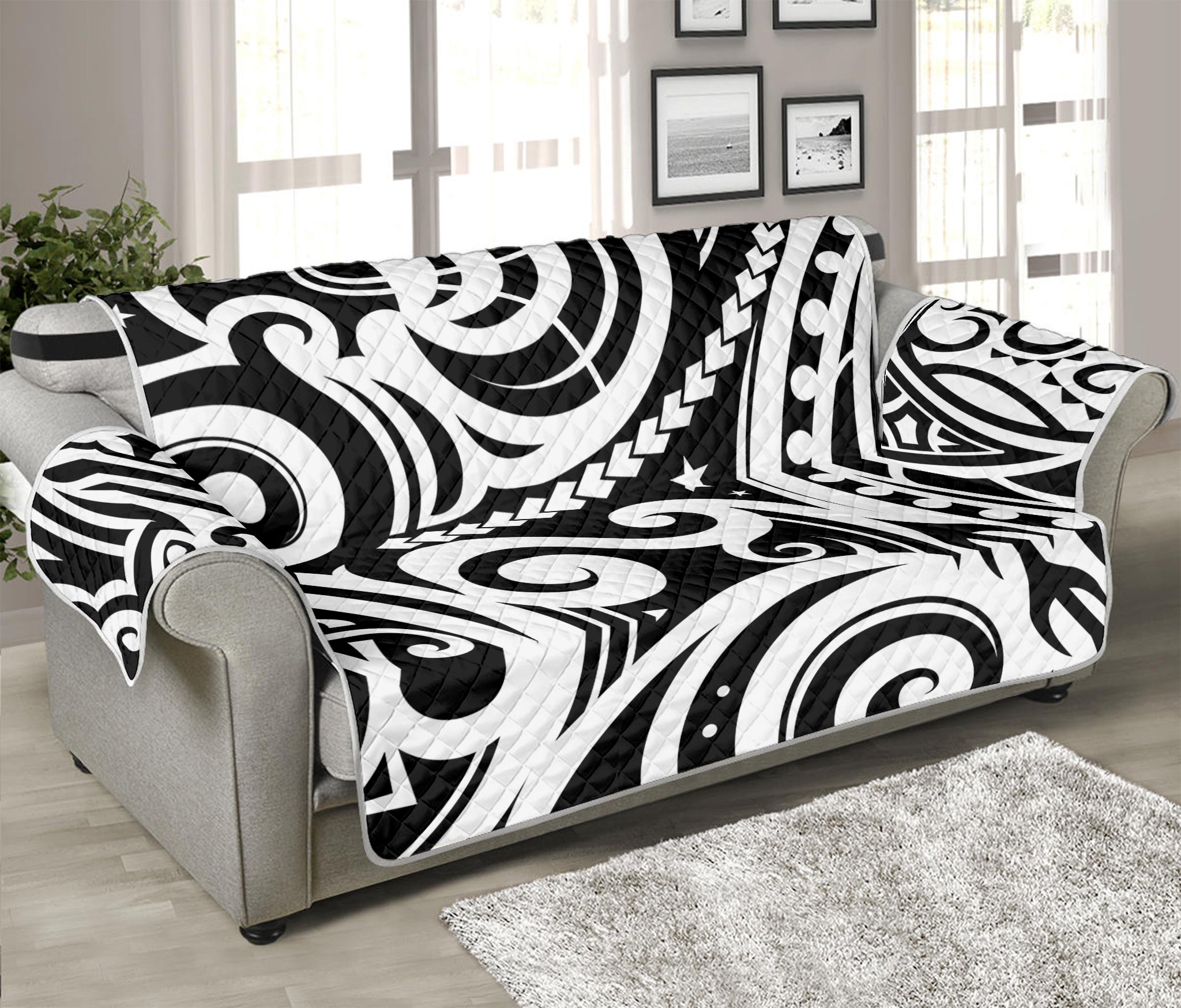 Black And White Polynesian Tattoo Print Sofa Protector