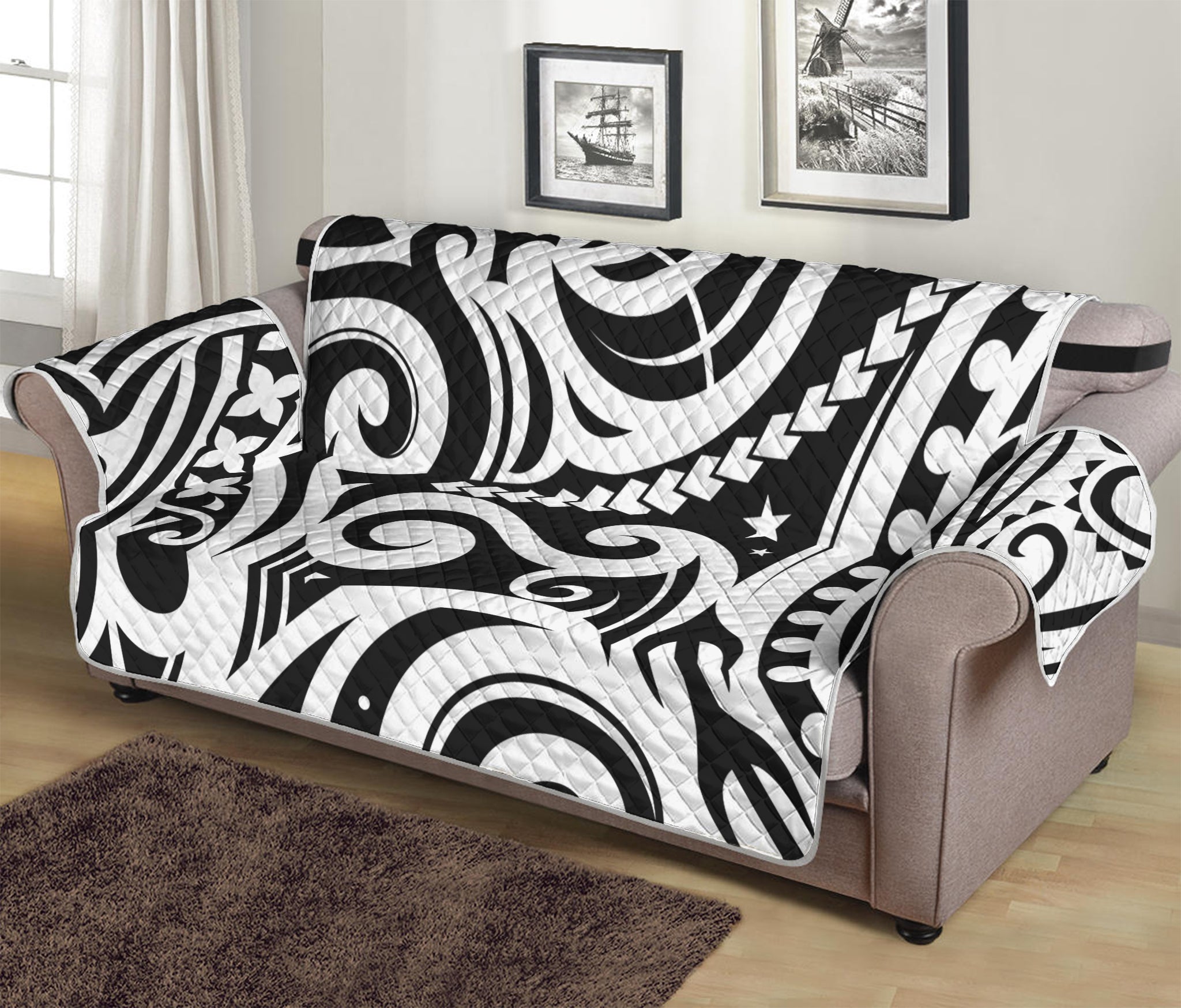 Black And White Polynesian Tattoo Print Sofa Protector