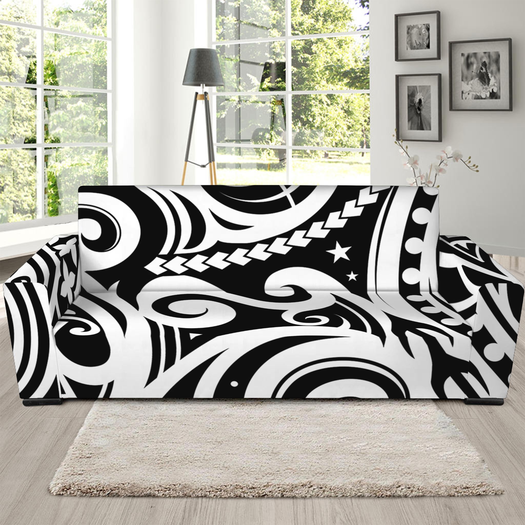 Black And White Polynesian Tattoo Print Sofa Slipcover