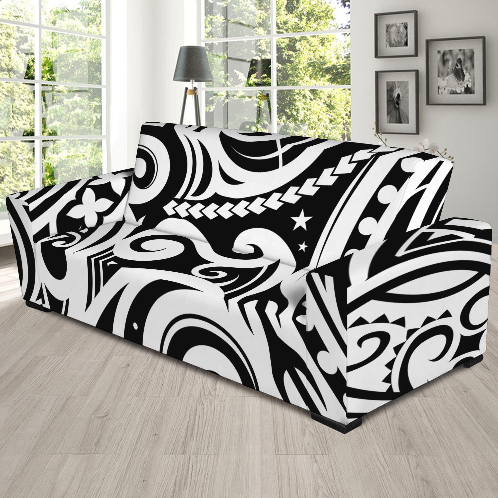 Black And White Polynesian Tattoo Print Sofa Slipcover