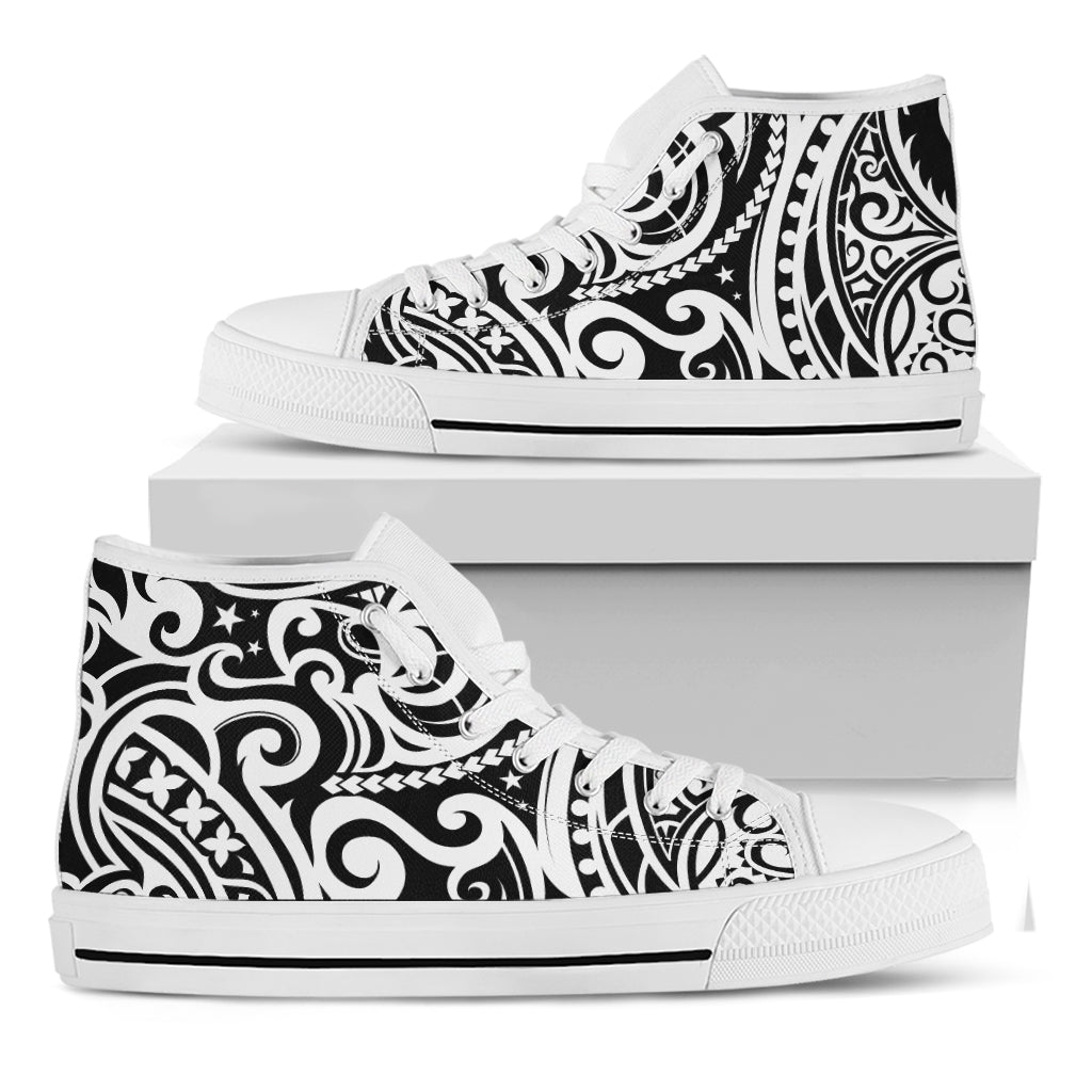 Black And White Polynesian Tattoo Print White High Top Shoes