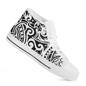 Black And White Polynesian Tattoo Print White High Top Shoes