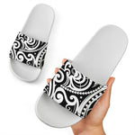 Black And White Polynesian Tattoo Print White Slide Sandals